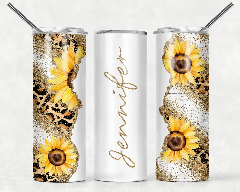 Floral Succulent Glitter Tumbler - Gold