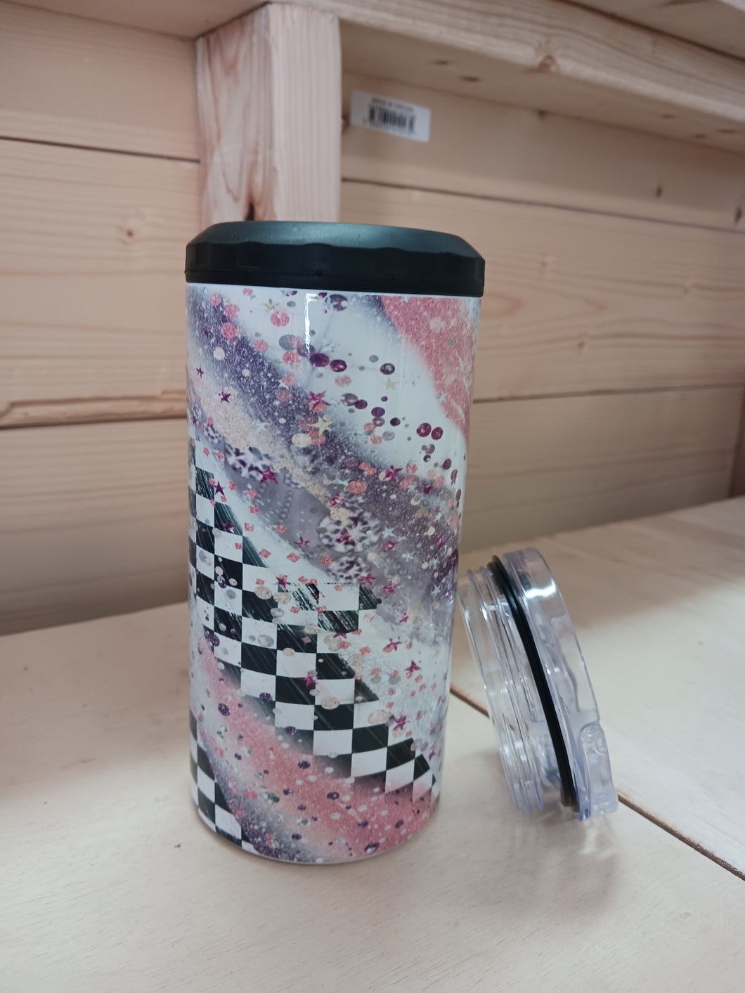 Pink Checkered Racetrack 4 in 1 Can Cooler/Tumbler