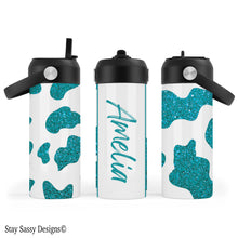 Load image into Gallery viewer, Personalized Teal Cow Print Water Bottle
