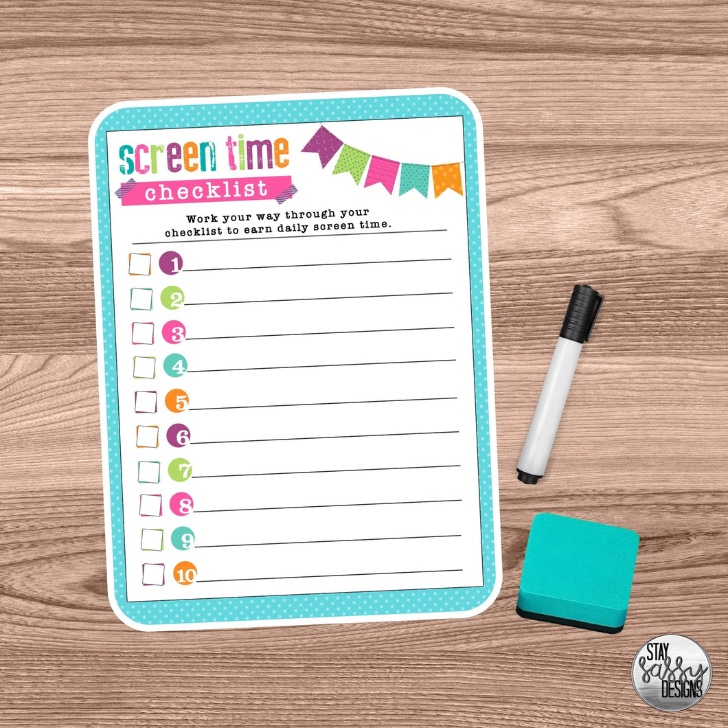 Teal & Pink Screen Time Checklist  Dry Erase Board
