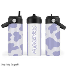 Load image into Gallery viewer, Personalized Lavender Cow Print Water Bottle

