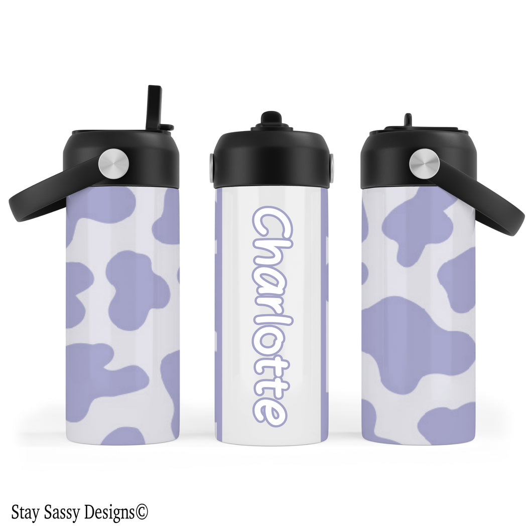 Personalized Lavender Cow Print Water Bottle