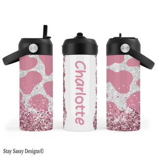 Personalized Pink Cow Print Water Bottle