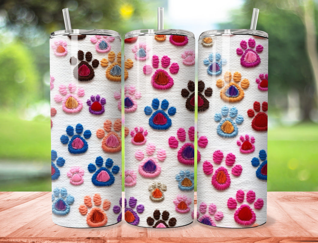 Multi-Colored Faux Embroidered Paw Print Tumbler