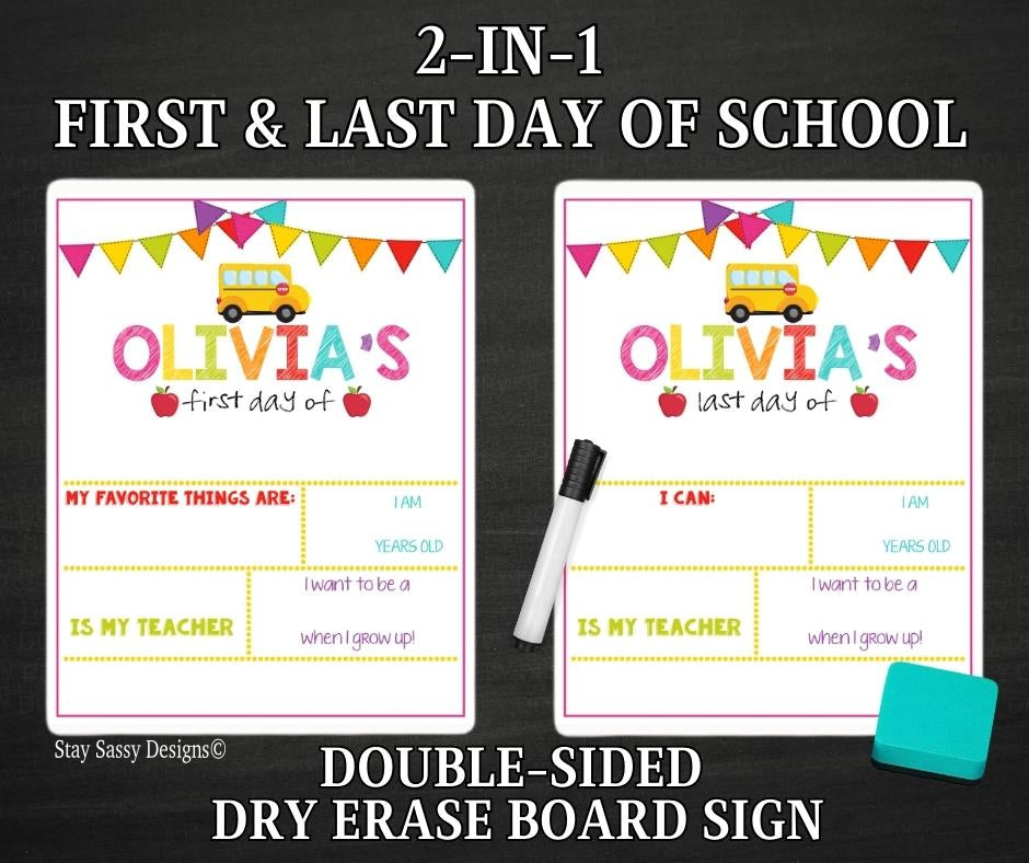Pink School Bus 2 in 1 First/Last Day Of School Dry Erase Sign