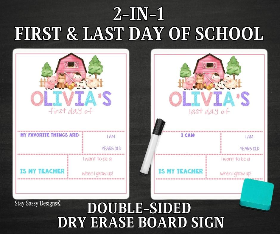 Pink Farm 2 in 1 First/Last Day Of School Dry Erase Sign