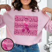 Load image into Gallery viewer, Faux Glitter Breast Cancer Survivor (Multiple Shirt Styles)
