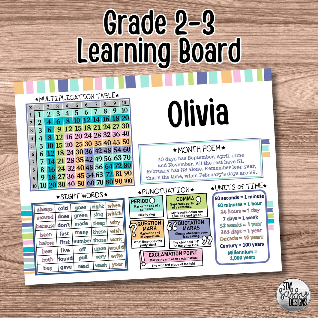 Personalized Pastel Grade 2-3 Learning Board