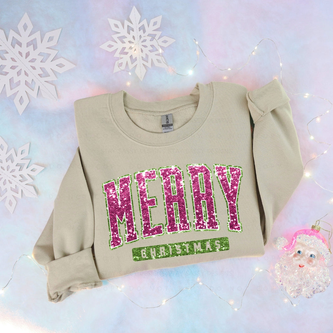 Pink & Green Merry Christmas Faux Glitter (Multiple Shirt Styles)