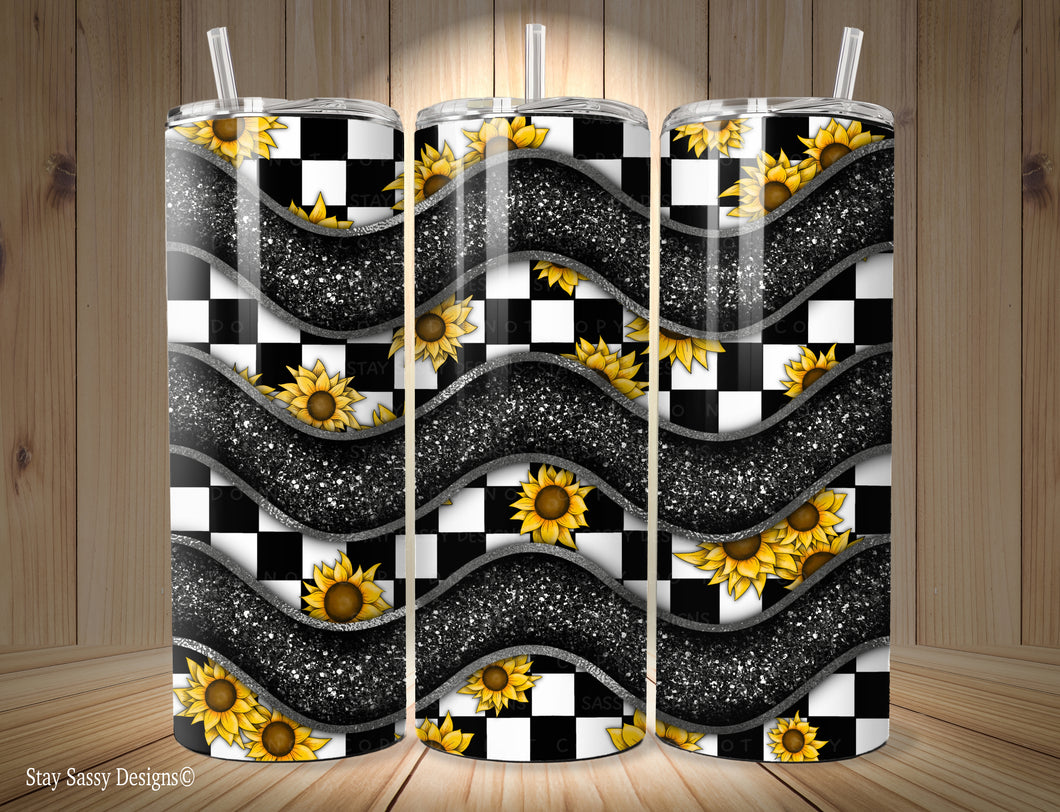 Checkered Sunflower Glitter Tumbler