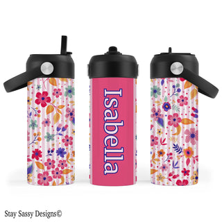Personalized Pink Striped Floral Water Bottle