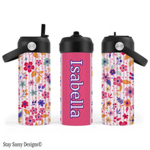 Load image into Gallery viewer, Personalized Pink Striped Floral Water Bottle
