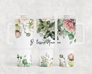 40 oz. Blessed Mama Floral Butterfly Tumbler w/Handle