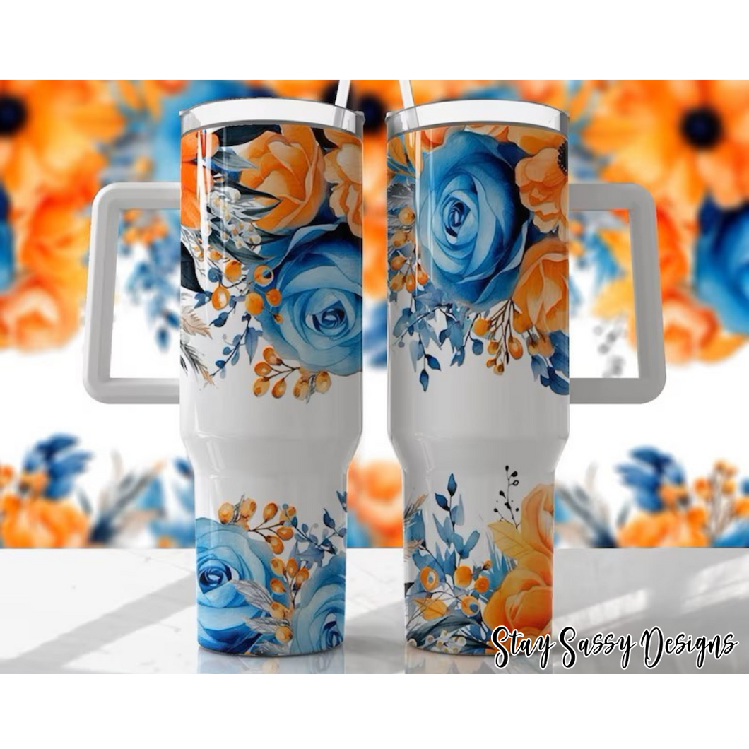 40 oz. Blue & Orange Floral Tumbler w/Handle