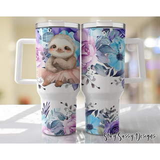 40 oz. Purple Floral Sloth Tumbler w/Handle