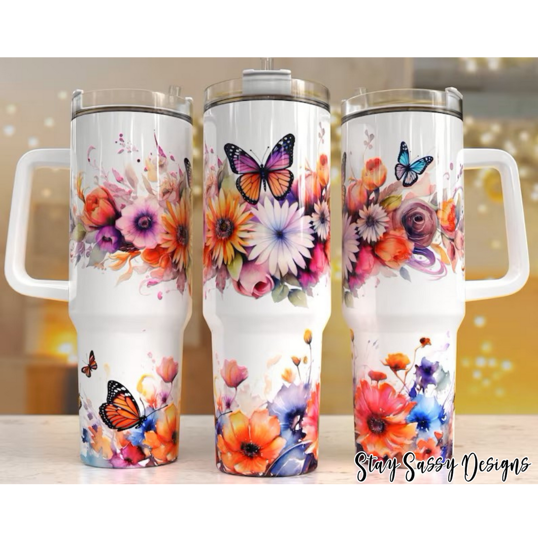 40 oz. Bright Floral Butterfly Tumbler w/Handle