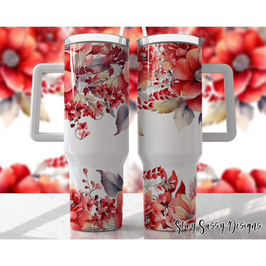 40 oz. Red Floral Tumbler w/Handle