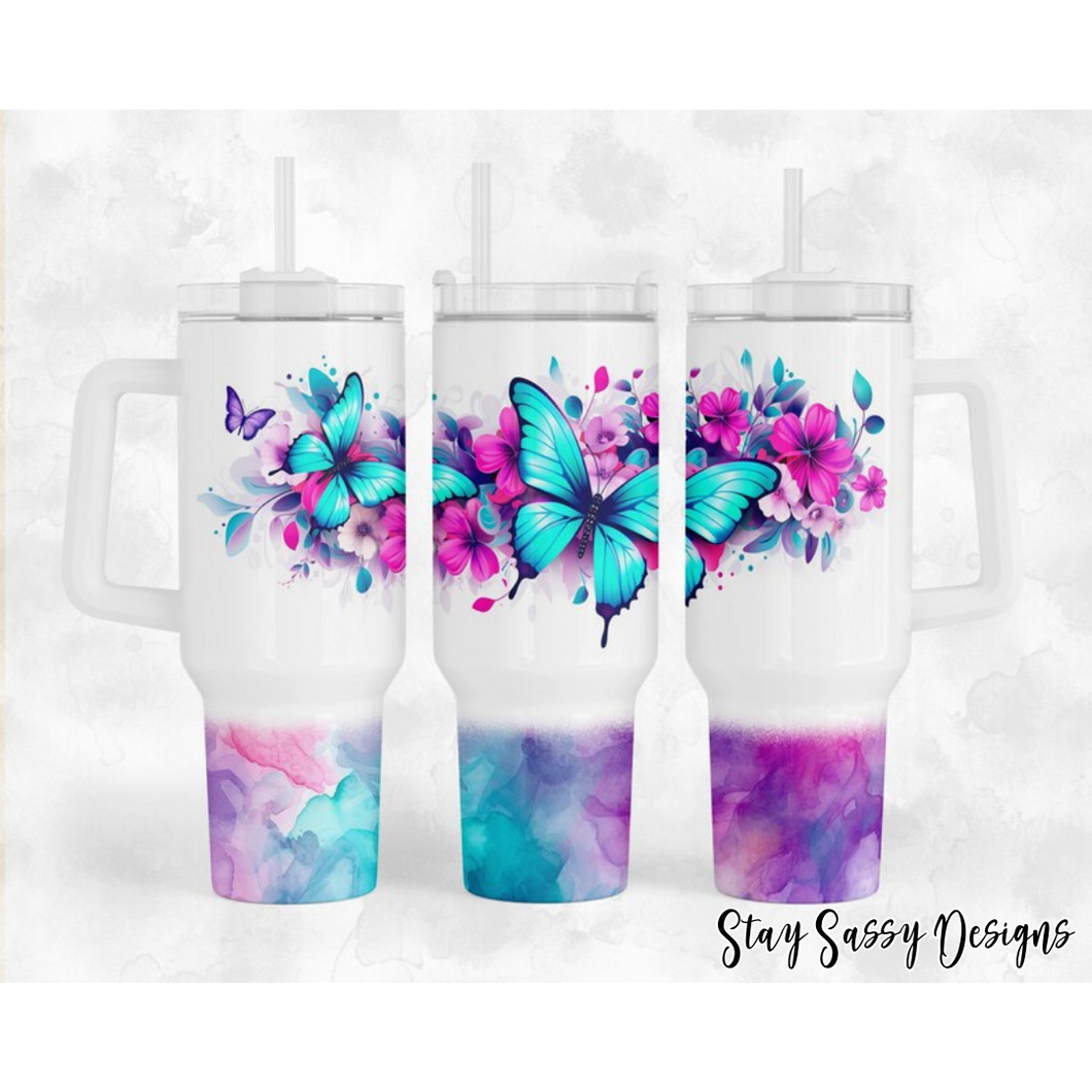 40 oz. Bright Floral Watercolor Butterfly Tumbler w/Handle