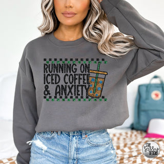 Faux Glitter Running On Iced Coffee & Anxiety (Multiple Shirt Styles)