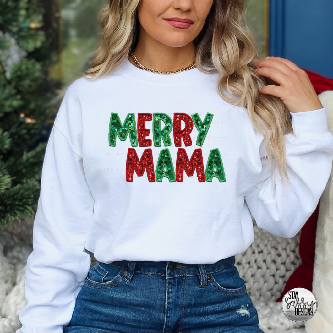 Faux Glitter Merry Mama (Multiple Shirt Styles)