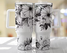 Load image into Gallery viewer, 40 oz. Black &amp; White Floral Tumbler w/Handle
