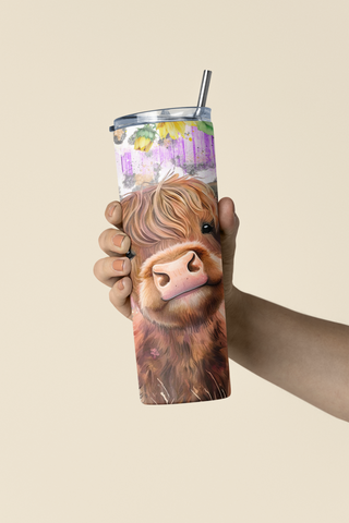 Purple Sunflower Highland Cow Tumbler