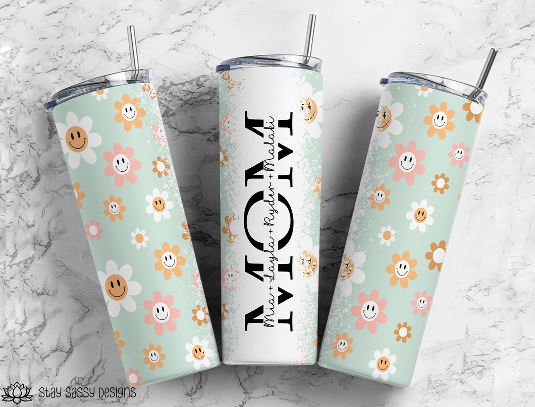 Personalized Retro Floral Smiley Mom Tumbler